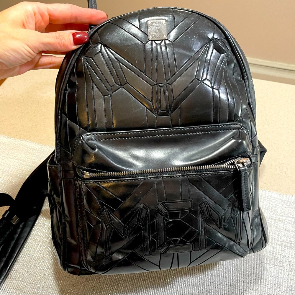 MCM black leather and nylon backpack